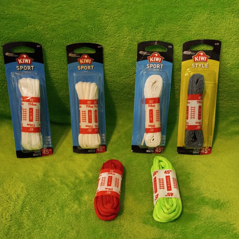 6 Pairs of Kiwi Laces 45" Sport & Style Flat & Oval white, gray, red & green NEW